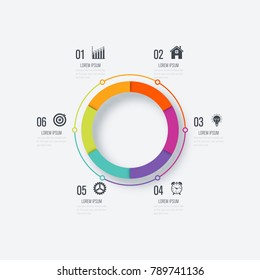 Infographics template 6 options with circle. Data and information visualization. Dynamic infographics stylish geometric. element for design business invitations, gift cards, flyers and brochures