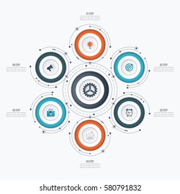 Infographics template 6 options with circles. Can be used for workflow layout, diagram, number options, step up options, web design, presentations