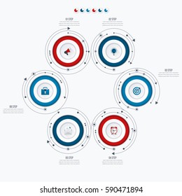 Infographics template 6 options with circles. Can be used for workflow layout, diagram, number options, step up options, web design, presentations