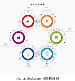 Infographics template 6 options with circles. Can be used for workflow layout, diagram, number options, step up options, web design, presentations