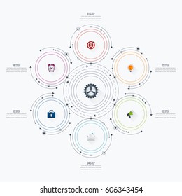 Infographics template 6 options with circles. Can be used for workflow layout, diagram, number options, step up options, web design, presentations