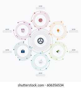 Infographics template 6 options with circles. Can be used for workflow layout, diagram, number options, step up options, web design, presentations