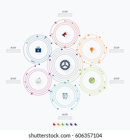 Infographics template 6 options with circles. Can be used for workflow layout, diagram, number options, step up options, web design, presentations