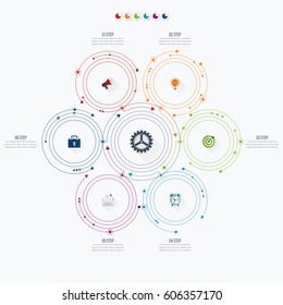 Infographics template 6 options with circles. Can be used for workflow layout, diagram, number options, step up options, web design, presentations