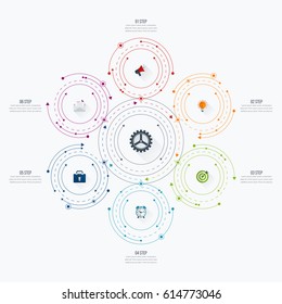 Infographics template 6 options with circles. Can be used for workflow layout, diagram, number options, step up options, web design, presentations