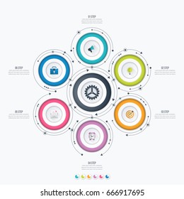 Infographics template 6 options with circles. Can be used for workflow layout, diagram, number options, step up options, web design, presentations