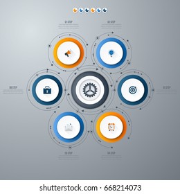Infographics template 6 options with circles. Can be used for workflow layout, diagram, number options, step up options, web design, presentations
