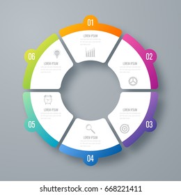 Infographics template 6 options with circles. Can be used for workflow layout, diagram, number options, step up options, web design, presentations