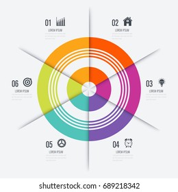 Infographics template 6 options with circles. Can be used for workflow layout, diagram, number options, step up options, web design, presentations