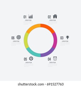 Infographics template 6 options with circles. Can be used for workflow layout, diagram, number options, step up options, web design, presentations