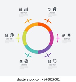 Infographics template 6 options with circles. Can be used for workflow layout, diagram, number options, step up options, web design, presentations