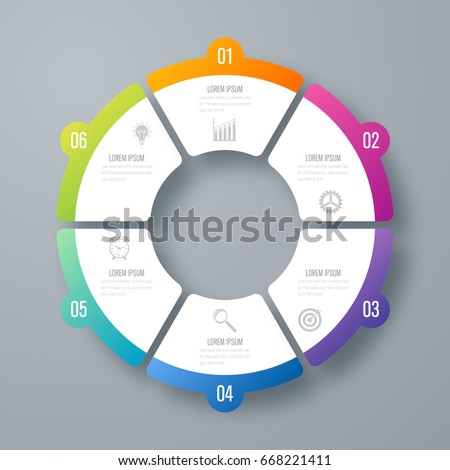 Infographics template 6 options with circles. Can be used for workflow layout, diagram, number options, step up options, web design, presentations