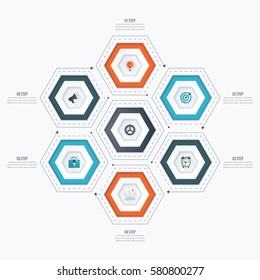 Infographics template 6 options with hexagon. Can be used for workflow layout, diagram, number options, step up options, web design, presentations