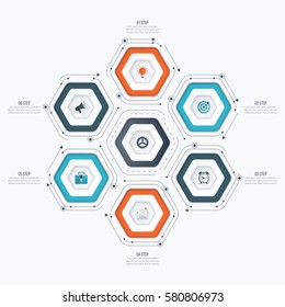 Infographics template 6 options with hexagon. Can be used for workflow layout, diagram, number options, step up options, web design, presentations
