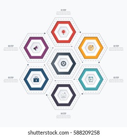Infographics template 6 options with hexagon. Can be used for workflow layout, diagram, number options, step up options, web design, presentations