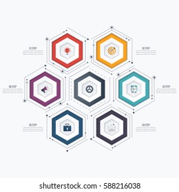 Infographics template 6 options with hexagon. Can be used for workflow layout, diagram, number options, step up options, web design, presentations