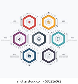 Infographics template 6 options with hexagon. Can be used for workflow layout, diagram, number options, step up options, web design, presentations