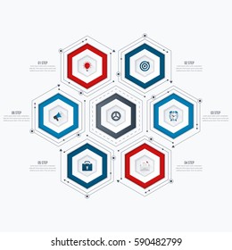 Infographics template 6 options with hexagon. Can be used for workflow layout, diagram, number options, step up options, web design, presentations