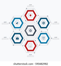 Infographics template 6 options with hexagon. Can be used for workflow layout, diagram, number options, step up options, web design, presentations
