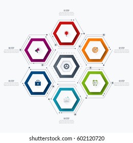 Infographics template 6 options with hexagon. Can be used for workflow layout, diagram, number options, step up options, web design, presentations