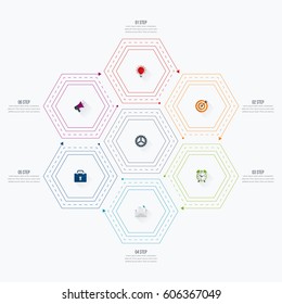 Infographics template 6 options with hexagon. Can be used for workflow layout, diagram, number options, step up options, web design, presentations