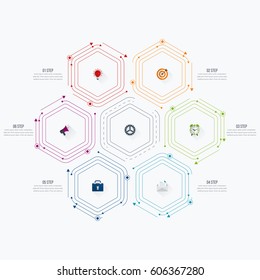 Infographics template 6 options with hexagon. Can be used for workflow layout, diagram, number options, step up options, web design, presentations