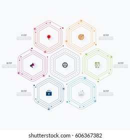 Infographics template 6 options with hexagon. Can be used for workflow layout, diagram, number options, step up options, web design, presentations
