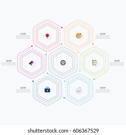 Infographics template 6 options with hexagon. Can be used for workflow layout, diagram, number options, step up options, web design, presentations
