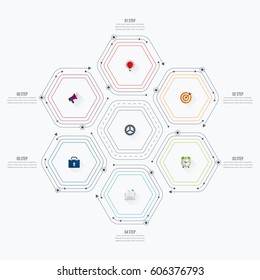 Infographics template 6 options with hexagon. Can be used for workflow layout, diagram, number options, step up options, web design, presentations