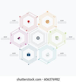 Infographics template 6 options with hexagon. Can be used for workflow layout, diagram, number options, step up options, web design, presentations