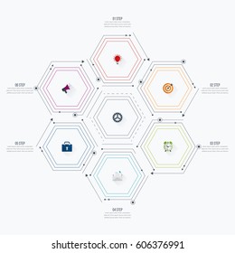 Infographics template 6 options with hexagon. Can be used for workflow layout, diagram, number options, step up options, web design, presentations