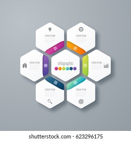 Infographics template 6 options with hexagon. Can be used for workflow layout, diagram, number options, step up options, web design, presentations