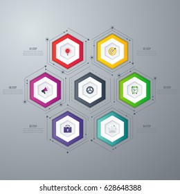 Infographics template 6 options with hexagon. Can be used for workflow layout, diagram, number options, step up options, web design, presentations