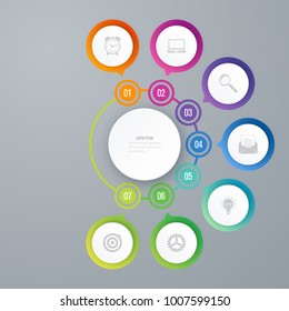 Infographics template 7 options with circle. Data and information visualization. Dynamic infographics stylish geometric. element for design business invitations, gift cards, flyers and brochures