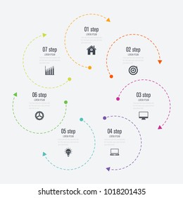 Infographics template 7 options with circle. Data and information visualization. Dynamic infographics stylish geometric. element for design business invitations, gift cards, flyers and brochures