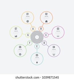 Infographics template 7 options with circle. Data and information visualization. Dynamic infographics stylish geometric. element for design business invitations, gift cards, flyers and brochures