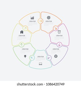 Infographics template 7 options with circle. Data and information visualization. Dynamic infographics stylish geometric. element for design business invitations, gift cards, flyers and brochures