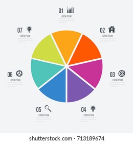 Infographics template 7 options with circle. Data and information visualization. Dynamic infographics stylish geometric. element for design business invitations, gift cards, flyers and brochures