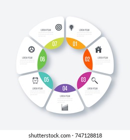 Infographics template 7 options with circle. Data and information visualization. Dynamic infographics stylish geometric. element for design business invitations, gift cards, flyers and brochures