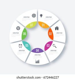 Infographics template 7 options with circles. Can be used for workflow layout, diagram, number options, step up options, web design, presentations