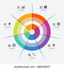 Infographics template 7 options with circles. Can be used for workflow layout, diagram, number options, step up options, web design, presentations