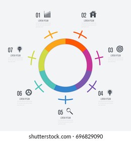 Infographics template 7 options with circles. Can be used for workflow layout, diagram, number options, step up options, web design, presentations