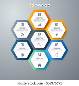 Infographics template 7 options with hexagon. Can be used for workflow layout, diagram, number options, step up options, web design, presentations