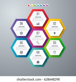 Infographics template 7 options with hexagon. Can be used for workflow layout, diagram, number options, step up options, web design, presentations