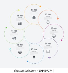 Infographics template 8 options with circle. Data and information visualization. Dynamic infographics stylish geometric. element for design business invitations, gift cards, flyers and brochures
