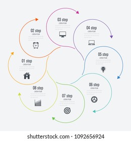 Infographics template 8 options with circle. Data and information visualization. Dynamic infographics stylish geometric. element for design business invitations, gift cards, flyers and brochures