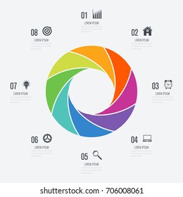 Infographics template 8 options with circle. Data and information visualization. Dynamic infographics stylish geometric. element for design business invitations, gift cards, flyers and brochures