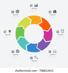 Infographics template 8 options with circle. Data and information visualization. Dynamic infographics stylish geometric. element for design business invitations, gift cards, flyers and brochures