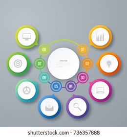 Infographics template 8 options with circle. Data and information visualization. Dynamic infographics stylish geometric. element for design business invitations, gift cards, flyers and brochures