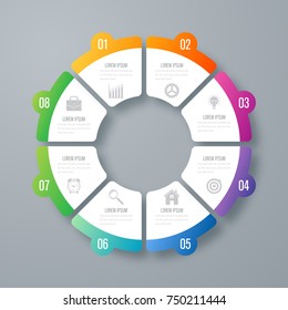 Infographics template 8 options with circle. Data and information visualization. Dynamic infographics stylish geometric. element for design business invitations, gift cards, flyers and brochures